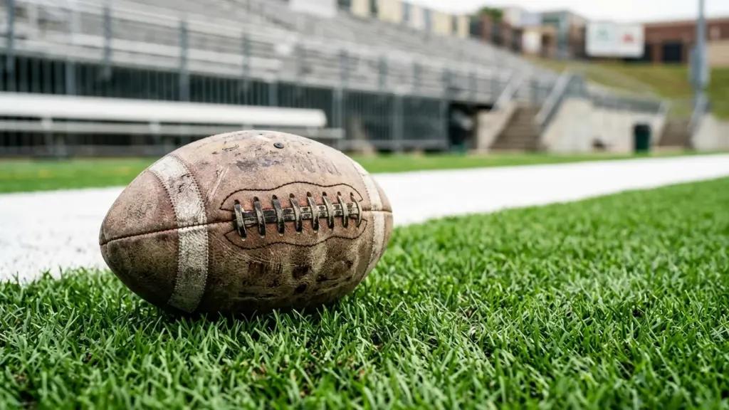 Un ballon de football américain usé posé sur le gazon d'un stade vide.