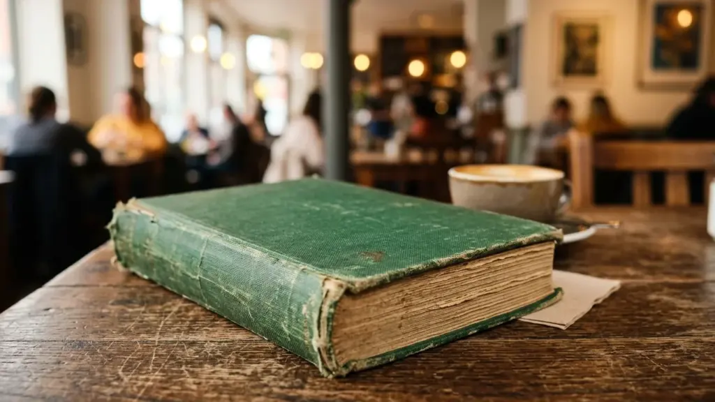 Un vieux livre vert à couverture rigide posé sur une table en bois rustique.