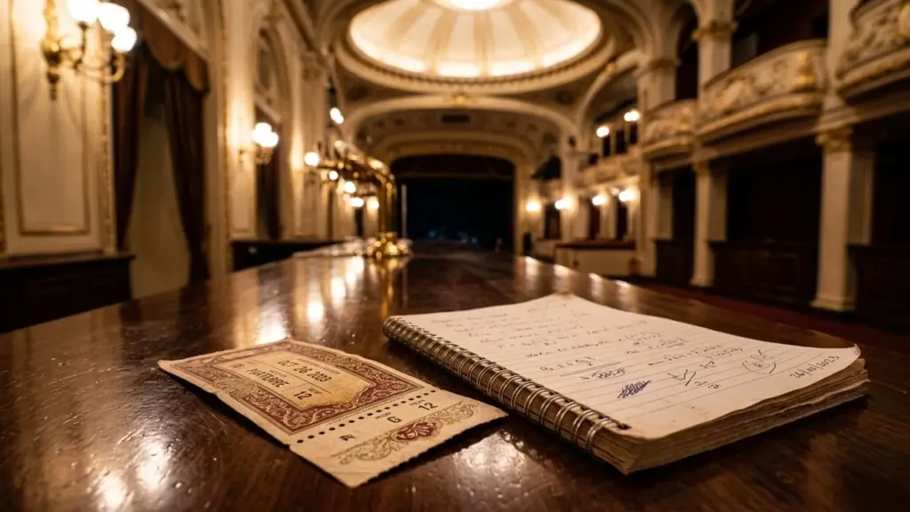 Un ticket de théâtre et un carnet de notes posés sur une table en bois.