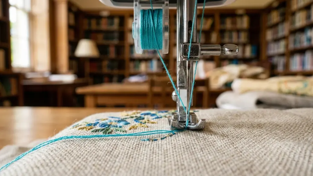 Gros plan sur une aiguille de machine à coudre brodant un motif bleu sur tissu.