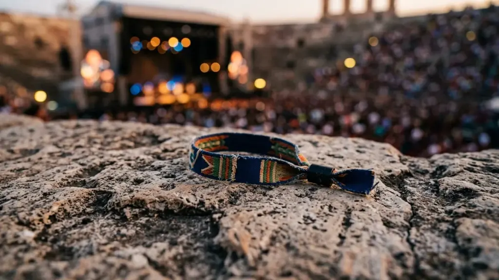 Un bracelet de festival en tissu repose sur une surface en pierre ancienne floue.