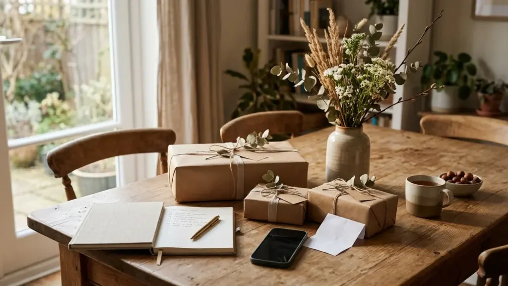 Cadeaux enveloppés dans du papier kraft posés sur une table en bois avec un carnet.