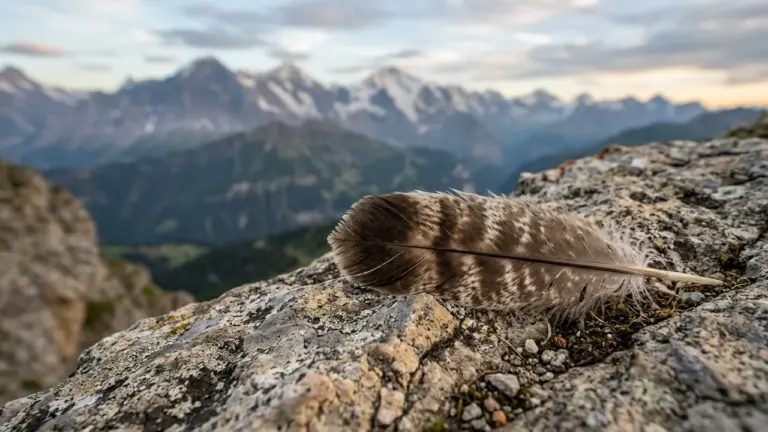 Une plume tachetée posée sur un rocher escarpé avec des montagnes enneigées en arrière-plan.