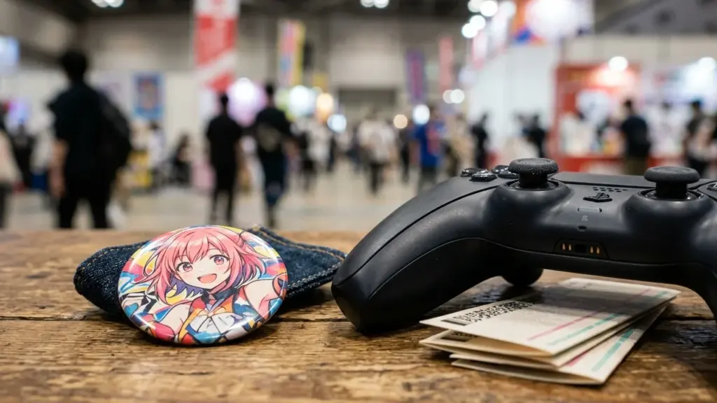 Un badge avec un personnage d'anime et une manette de jeu sur une table en bois.