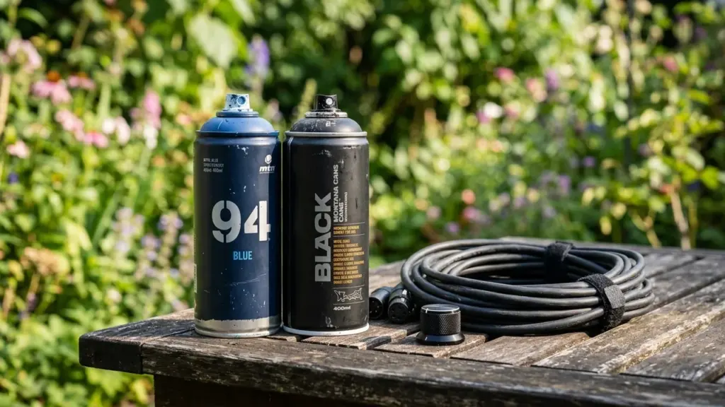 Deux bombes de peinture aérosol et un câble électrique posés sur une table en bois.