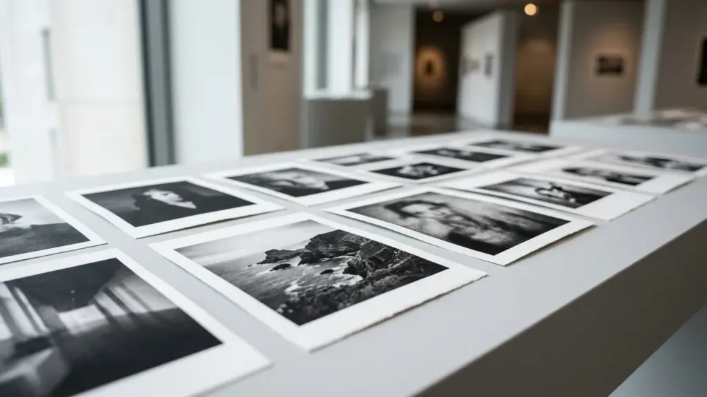 Plusieurs photographies en noir et blanc disposées en grille sur une table de musée.