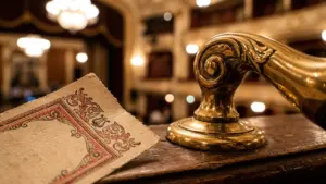 Une poignée de porte dorée ornée et un ancien programme de théâtre posés devant une salle.