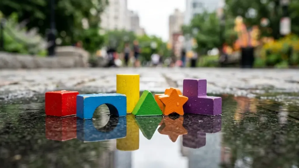 Des blocs de construction en bois colorés posés dans une flaque d'eau urbaine.