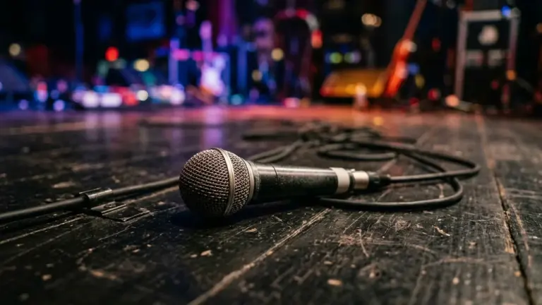 Un microphone noir posé sur la scène en bois d'une salle de concert sombre.