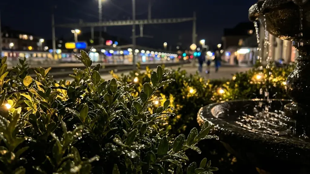 Une fontaine et un buisson illuminés au premier plan devant une gare ferroviaire nocturne.