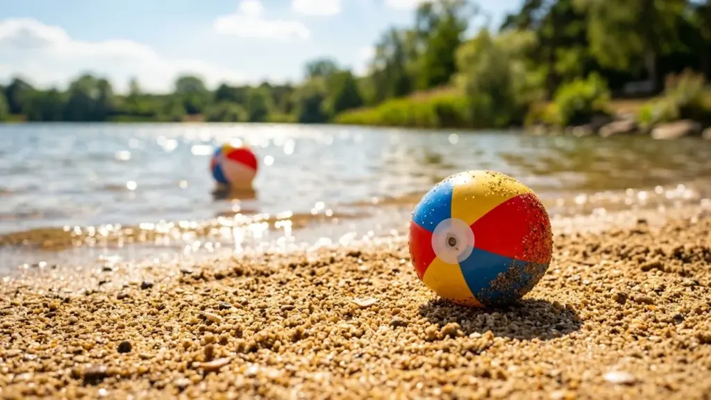 Un ballon de plage coloré repose sur une rive sablonneuse près d'un lac ensoleillé.