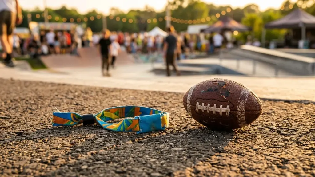 Un ballon de football américain et un bracelet coloré posés sur le sol asphalté.