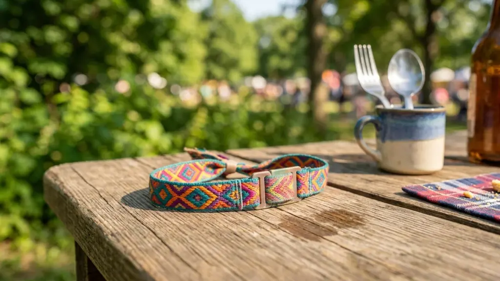 Un collier pour chien aux motifs colorés posé sur une table en bois extérieure.