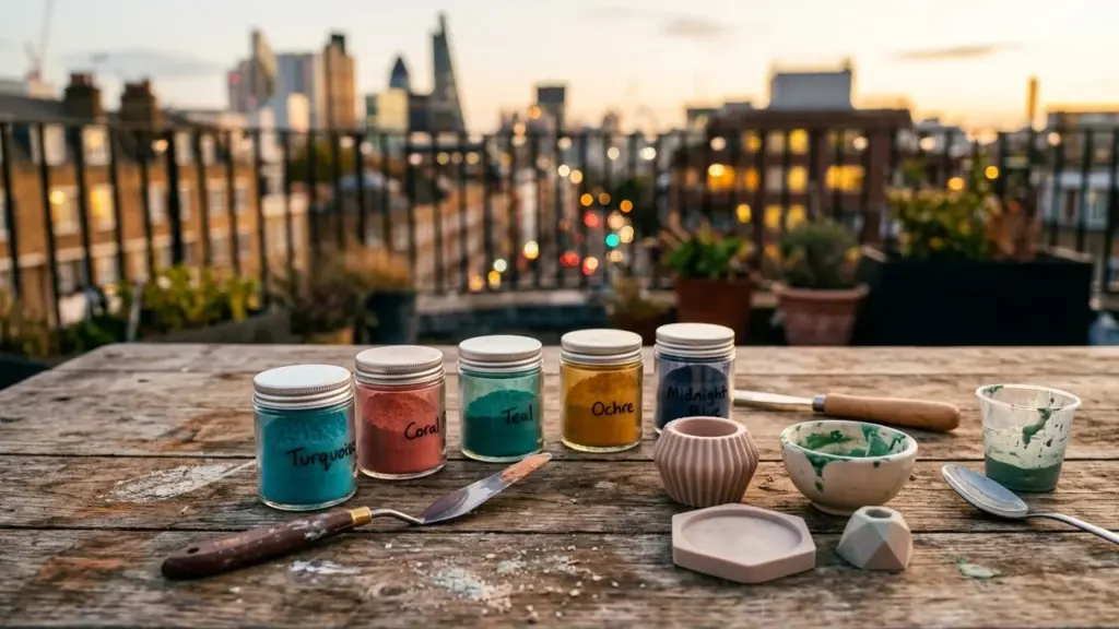 Des bocaux de pigments colorés sur une table en bois face à la ville.
