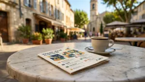 Une tasse de café et un programme culturel sur une table en terrasse ensoleillée.