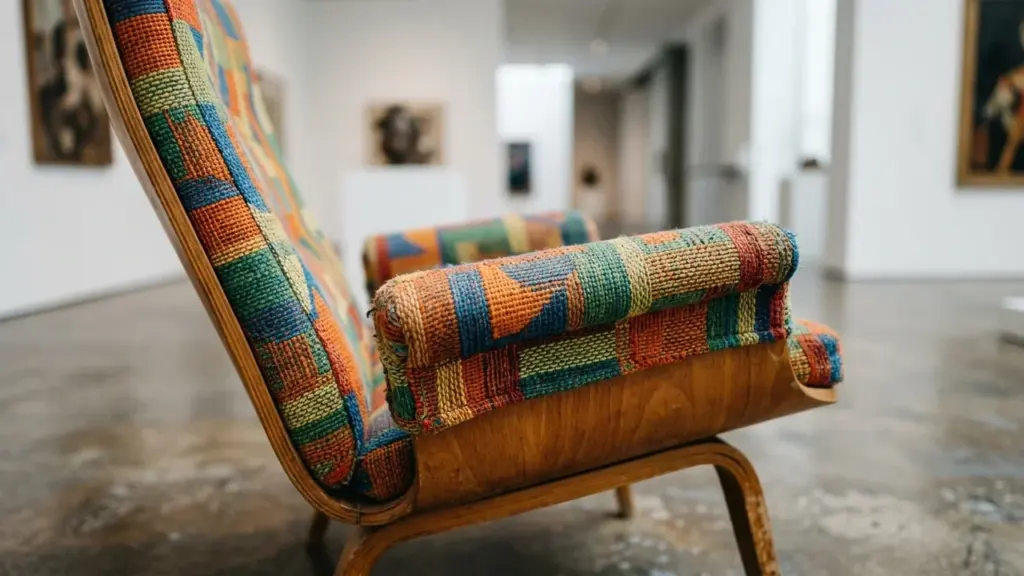 Fauteuil vintage en bois avec un tissu coloré à motifs géométriques dans une galerie d'art.