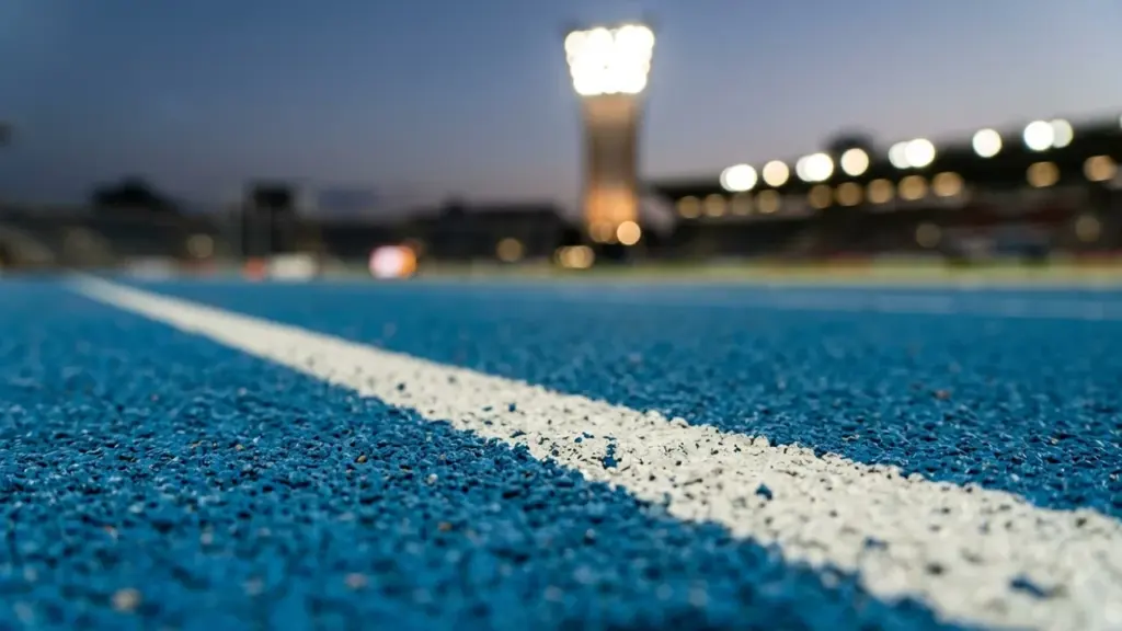 Gros plan sur une ligne blanche tracée sur une piste d'athlétisme bleue en extérieur.