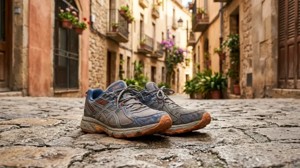 Une paire de chaussures de course poussiéreuses posée sur les pavés d'une rue ancienne.