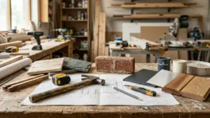 Un atelier de menuiserie avec des plans, un marteau, des outils et divers matériaux.