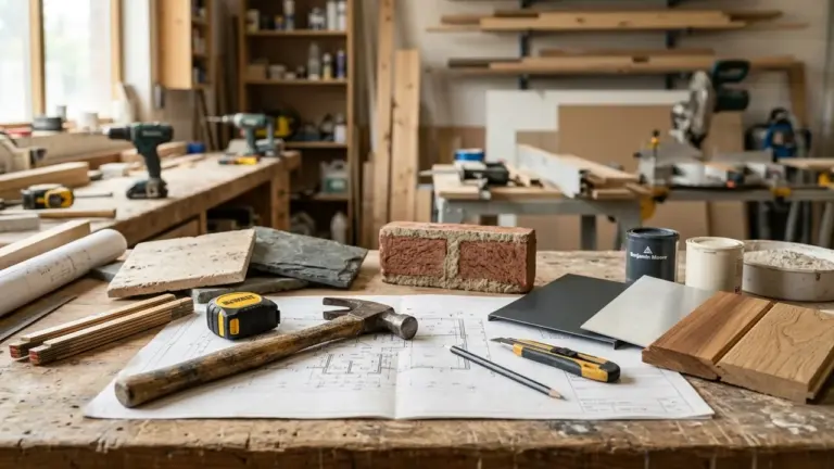 Un atelier de menuiserie avec des plans, un marteau, des outils et divers matériaux.