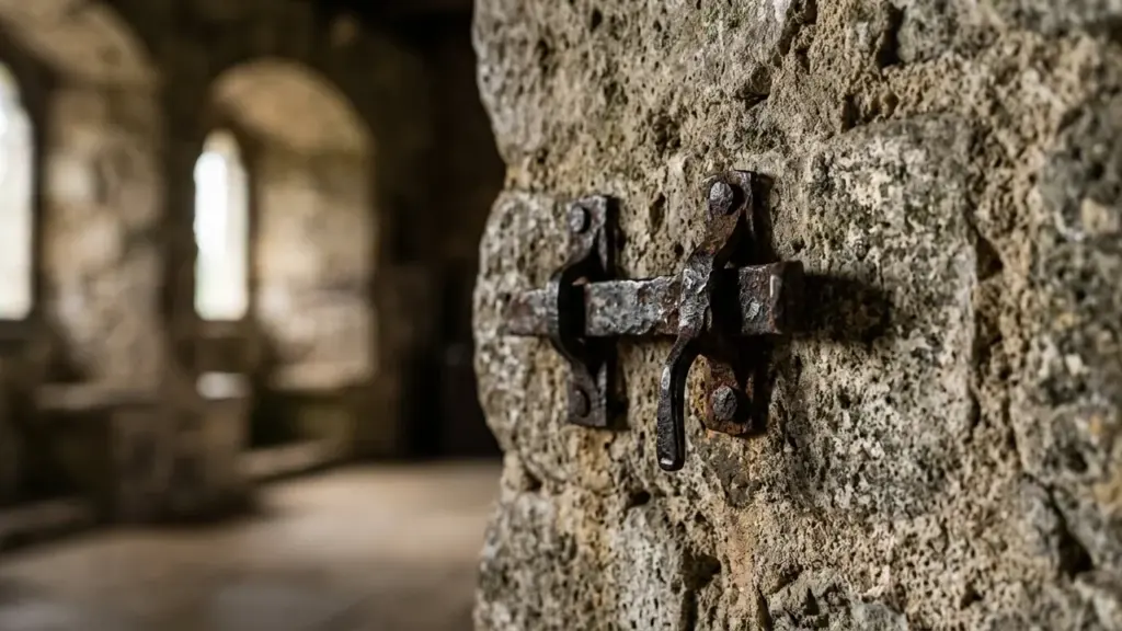 Un verrou en fer rouillé fixé sur un mur en pierre ancienne et texturée.