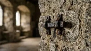Un verrou en fer rouillé fixé sur un mur en pierre ancienne et texturée.