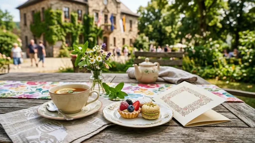 Une table en bois avec du thé, des pâtisseries, et un bâtiment historique flou.