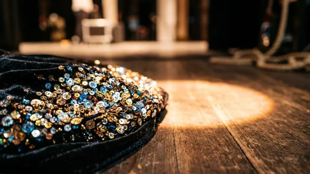 Un tissu noir orné de paillettes multicolores posé sur un plancher de scène en bois.