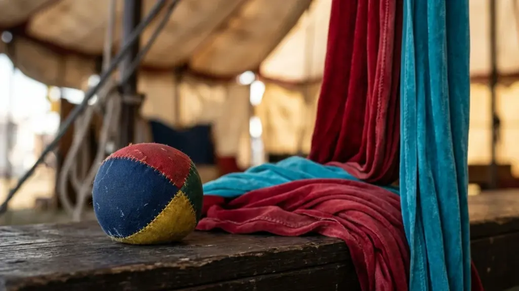 Une balle de jonglage colorée posée sur une planche en bois sous un chapiteau.