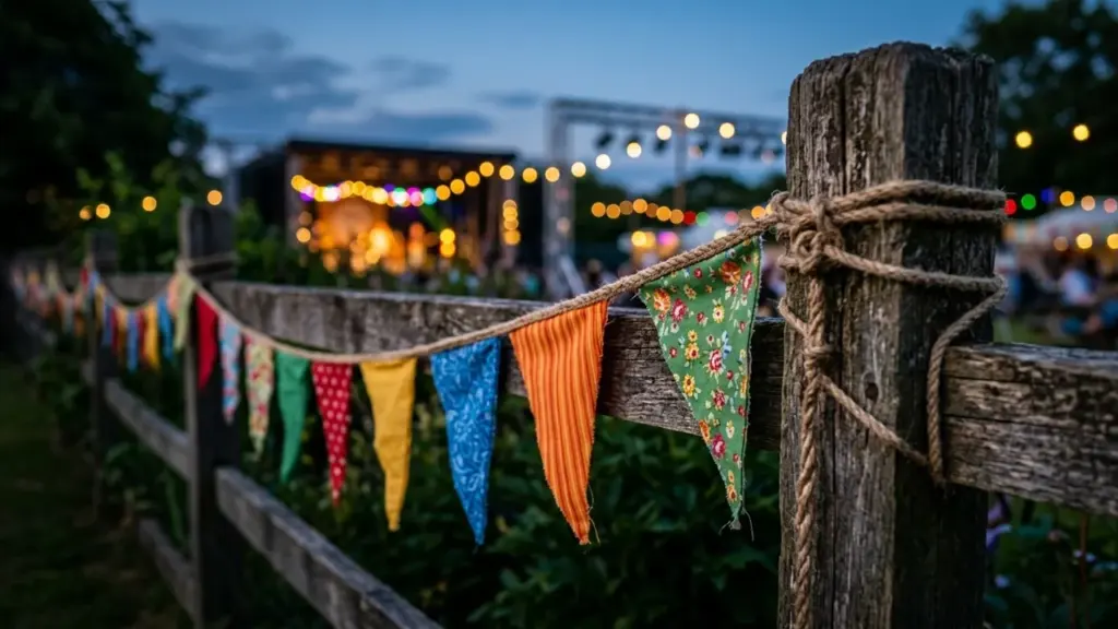 Des guirlandes de fanions colorés suspendues sur une barrière en bois lors d'un festival.