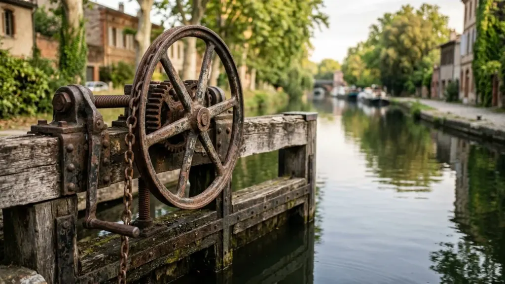 Une vieille roue de manivelle rouillée installée sur une écluse en bois au bord d'un canal.