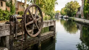 Une vieille roue de manivelle rouillée installée sur une écluse en bois au bord d'un canal.
