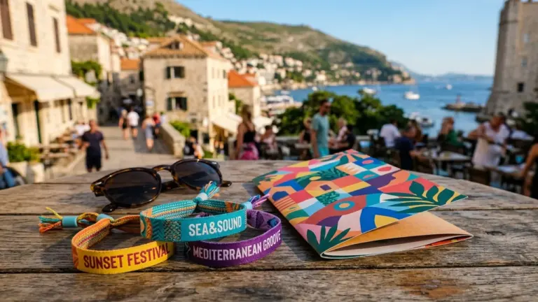Des bracelets de festival et une brochure colorée sur une table en bois extérieur.