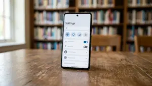 Un smartphone posé sur une table en bois affichant le menu des paramètres système.