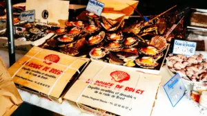 Étals de coquilles Saint-Jacques fraîches sur un marché local à Brest.