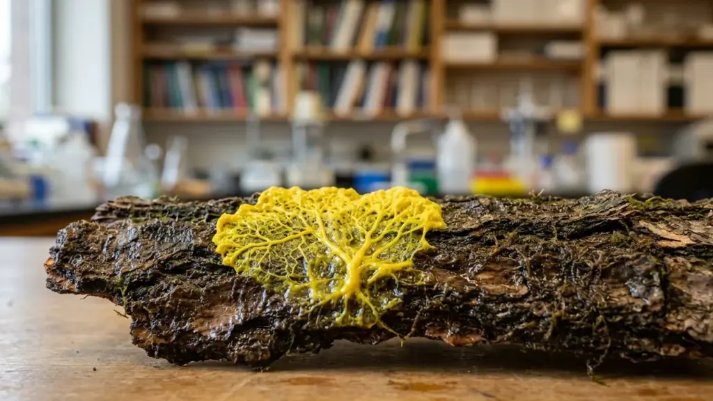 Un organisme jaune vif en forme de réseau recouvrant une écorce d'arbre rugueuse.