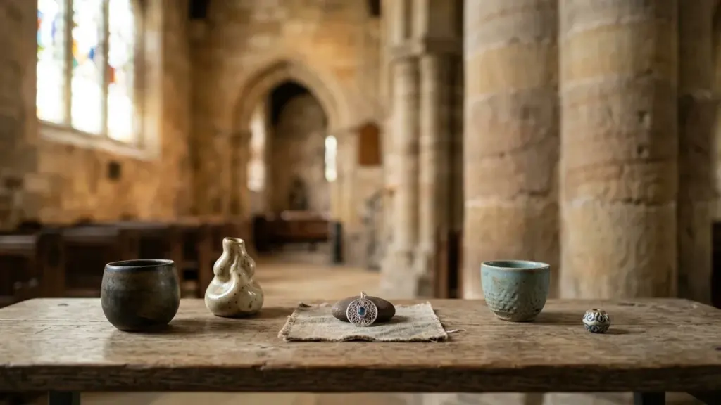 Objets artisanaux posés sur une table en bois devant l'intérieur d'une église ancienne.