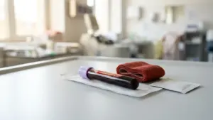 Un tube de prélèvement sanguin avec un bouchon violet sur une table médicale blanche.