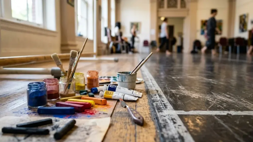 Des pinceaux et des pots de peinture sur un parquet dans une salle artistique.