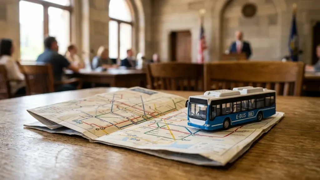 Un modèle réduit de bus électrique bleu posé sur une carte urbaine détaillée.