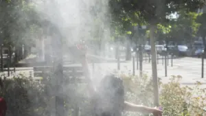 Une personne vue de dos lève les bras dans un nuage de brumisateur extérieur.
