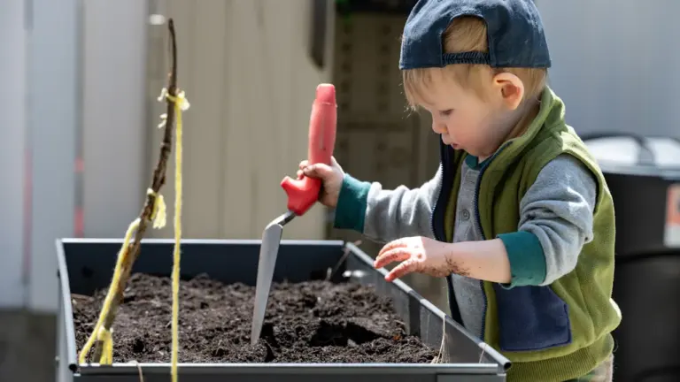 Un jeune garçon utilise un outil rouge pour jardiner dans un bac potager.