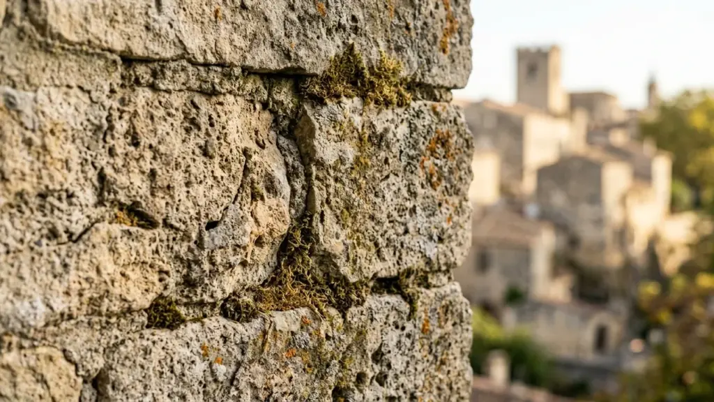 Gros plan sur un mur en pierre ancienne avec village flou en arrière-plan.