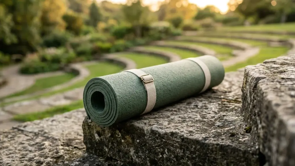 Un tapis de yoga vert enroulé reposant sur un muret en pierre en extérieur.