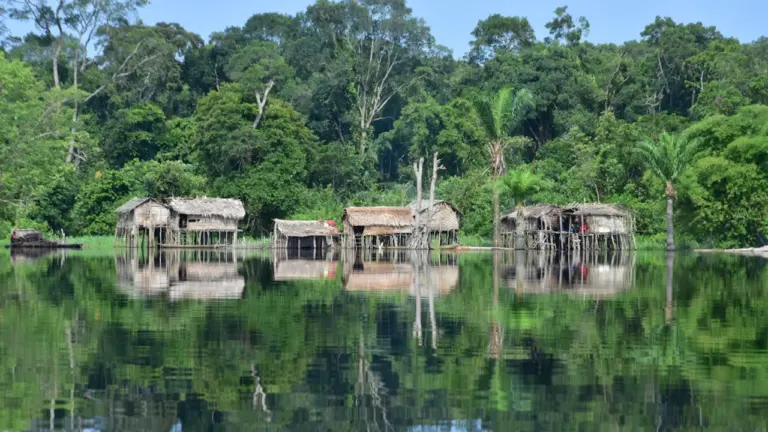 Maisons sur pilotis au bord de l'eau dans le bassin du Congo.