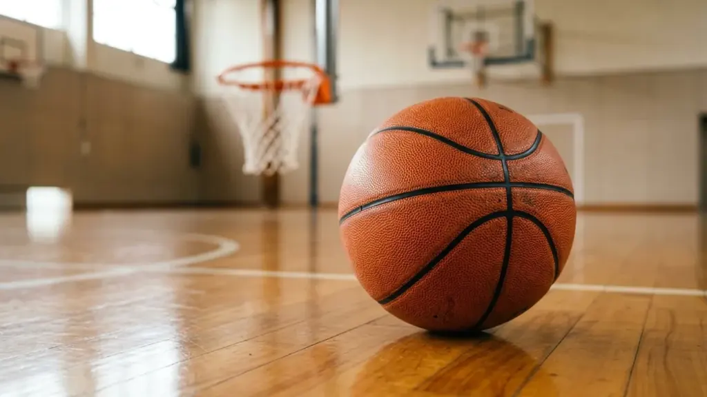 Un ballon de basket orange texturé posé sur un parquet en bois brillant intérieur.