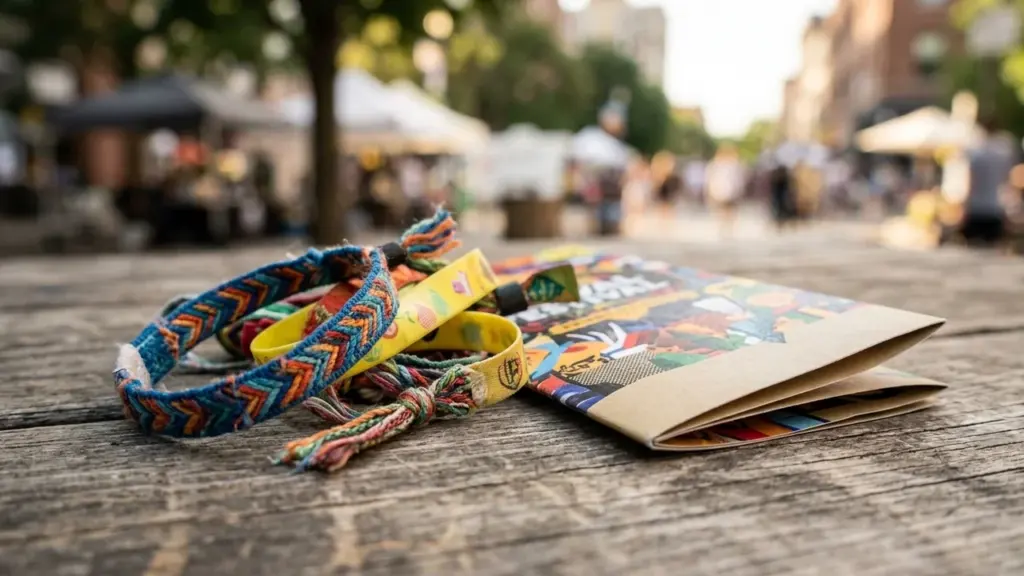 Des bracelets colorés en tissu et une brochure posés sur une table en bois.