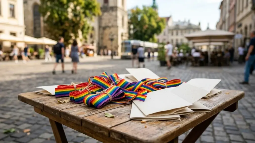 Rubans aux couleurs de l'arc-en-ciel posés sur une table en bois sur une place publique.