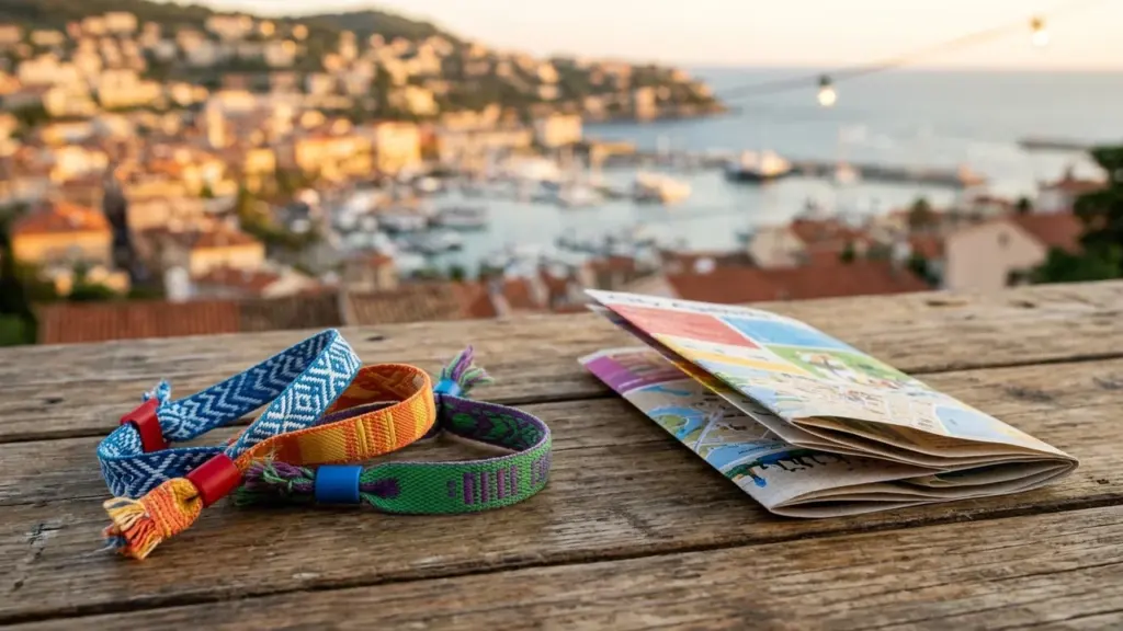 Deux bracelets tissés colorés et une carte touristique posés sur une table en bois.