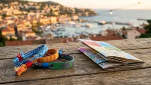 Deux bracelets tissés colorés et une carte touristique posés sur une table en bois.